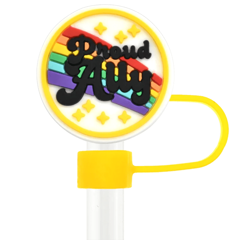 A vibrant "Proud Ally" stanley cup straw ctopper in bold black text stands out against a rainbow stripe background adorned with gleaming yellow stars, mirroring the festive charm of the Pride straw topper that fits Stanley Cup straws and is stylishly attached to a sunny yellow handle.