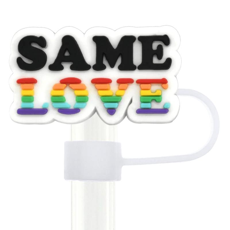 The "Pride Straw Topper," designed for Stanley Cup straws, features the phrase "SAME LOVE" with rainbow-colored "LOVE" to symbolize LGBTQ+ pride, making it a striking piece celebrating diversity and equality.