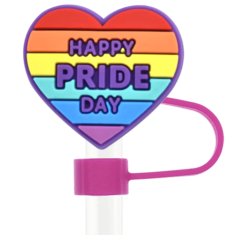 Heart-shaped rainbow straw decoration with "Happy Pride Day" text, featuring vibrant pride designs and attached to a pink strap handle, designed as a Pride straw topper that fits Stanley Cup straws.