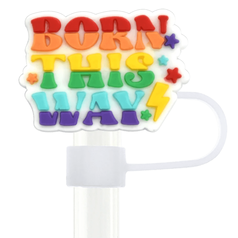 A decorative Pride straw topper, inspired by pride designs and designed to fit Stanley Cup straws, features "Born This Way" in colorful rainbow letters with star accents. Attached to a stick, it's ideal for celebrating love and individuality at any event or gathering.