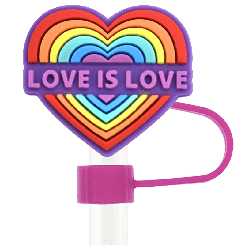 This vibrant Pride straw topper features a heart-shaped decoration with rainbow stripes and "LOVE IS LOVE" in purple. It attaches to a blue piece with a pink ring on a white stick, perfect for Stanley Cup straws and celebrating LGBTQ+ inclusivity.