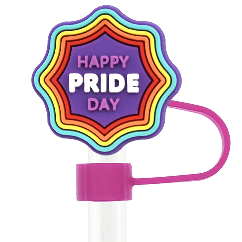 Colorful Pride stanley cup straw cap with a wavy rainbow border, "Happy Pride Day" in bold, attached to a pink flexible holder on a white stick, similar to the Pride straw topper for Stanley Cup straws.