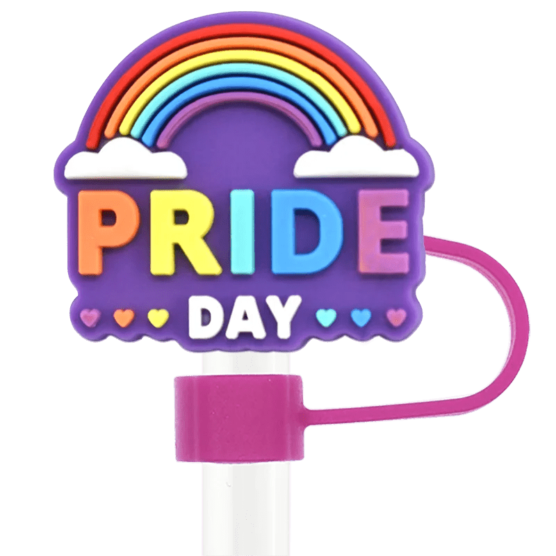 The vibrant straw cap displays "Pride Day" in rainbow letters on a purple background with a rainbow and cloud design, perfectly complementing the pink-handled Pride straw topper for Stanley Cup straws.