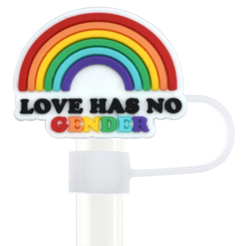 The Pride straw topper features a rainbow arch above "LOVE HAS NO GENDER" in bold letters, with "GENDER" highlighted in a different color. It includes a white clip for attachment and celebrates love beyond boundaries, fitting perfectly on Stanley Cup straws.