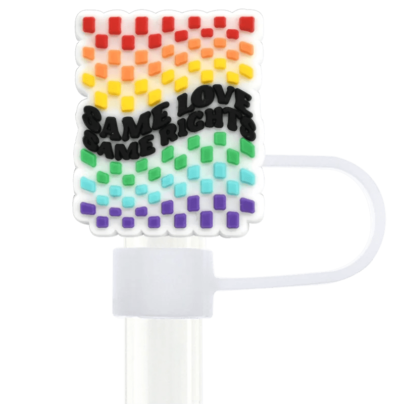 This vibrant Pride straw topper features a rainbow pattern of square tiles and the bold message "SAME LOVE SAME RIGHTS," inspired by pride designs, serving as a colorful reminder of equality and unity wherever you go. Fits Stanley Cup straws.