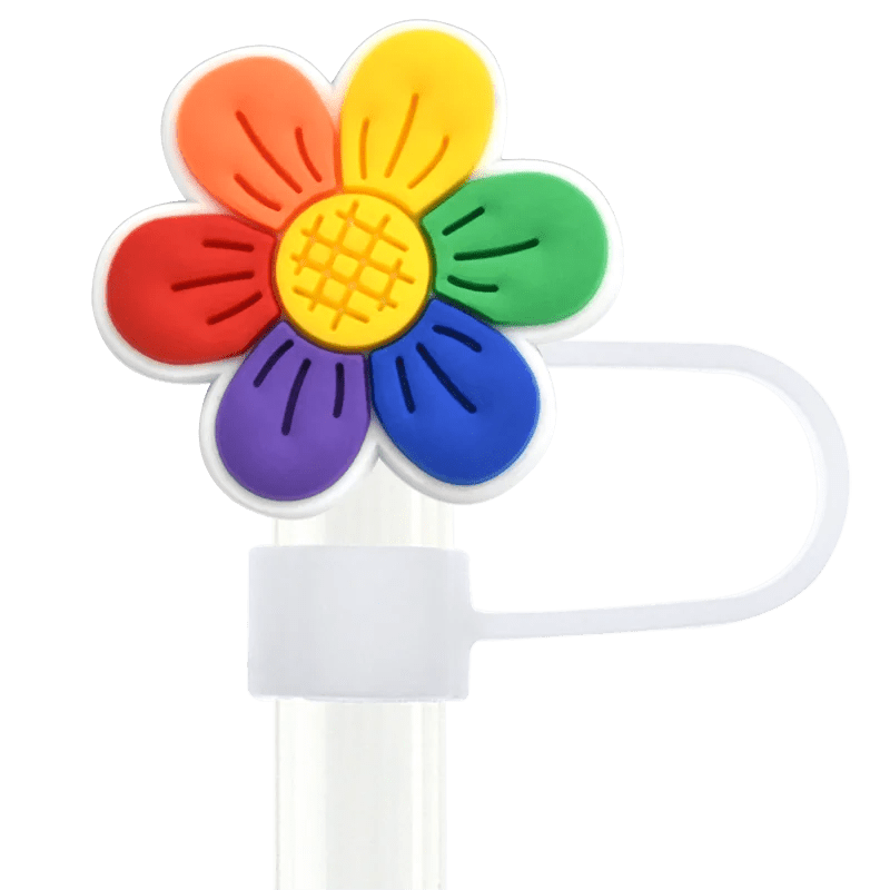 A vibrant flower-shaped straw cap with Rainbow Pride with its red, orange, yellow, green, blue, and purple petals and a cheerful yellow center. It's perfect for adding pride to your keys or bag. Product: Pride straw topper - fits Stanley Cup straws.