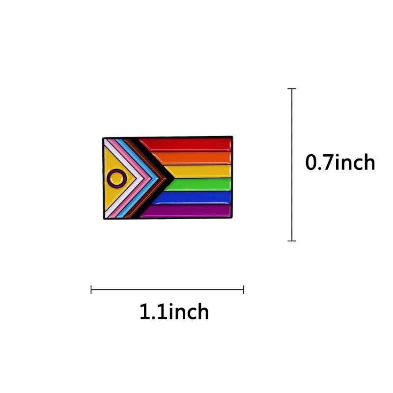 The Progress Pride Flag - Enamel Lapel Pin is a small enamel rainbow pride pin, 1.1" wide by 0.7" tall, with labeled dimensions beside and below—an ideal accessory for inclusive pride.