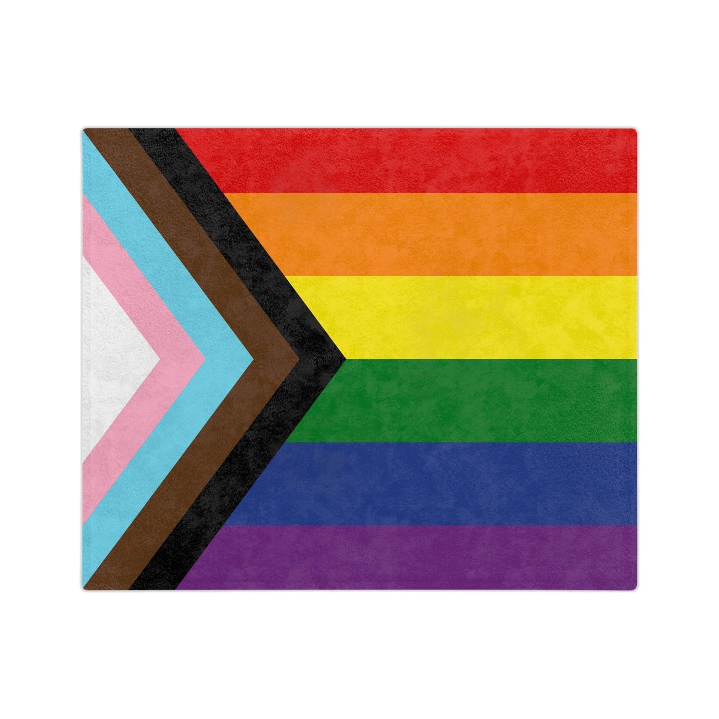 Introducing the Progress Pride Flag - Velveteen Microfiber Blanket by Printify, a vibrant tribute to LGBTQ+ pride and inclusivity. This super-soft fleece showcases bold stripes in red, orange, yellow, green, blue, and purple alongside an arrow-shaped design in black, brown, light blue, pink, and white on the left. It celebrates trans and queer-owned identities with every fiber.