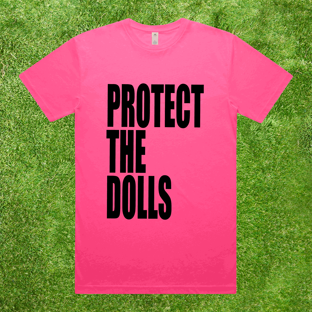 PROTECT THE DOLLS fluro AS Colour Tshirt in pink, yellow, orange and black. Trans pride solidarity t-shirt. Shirt for allies