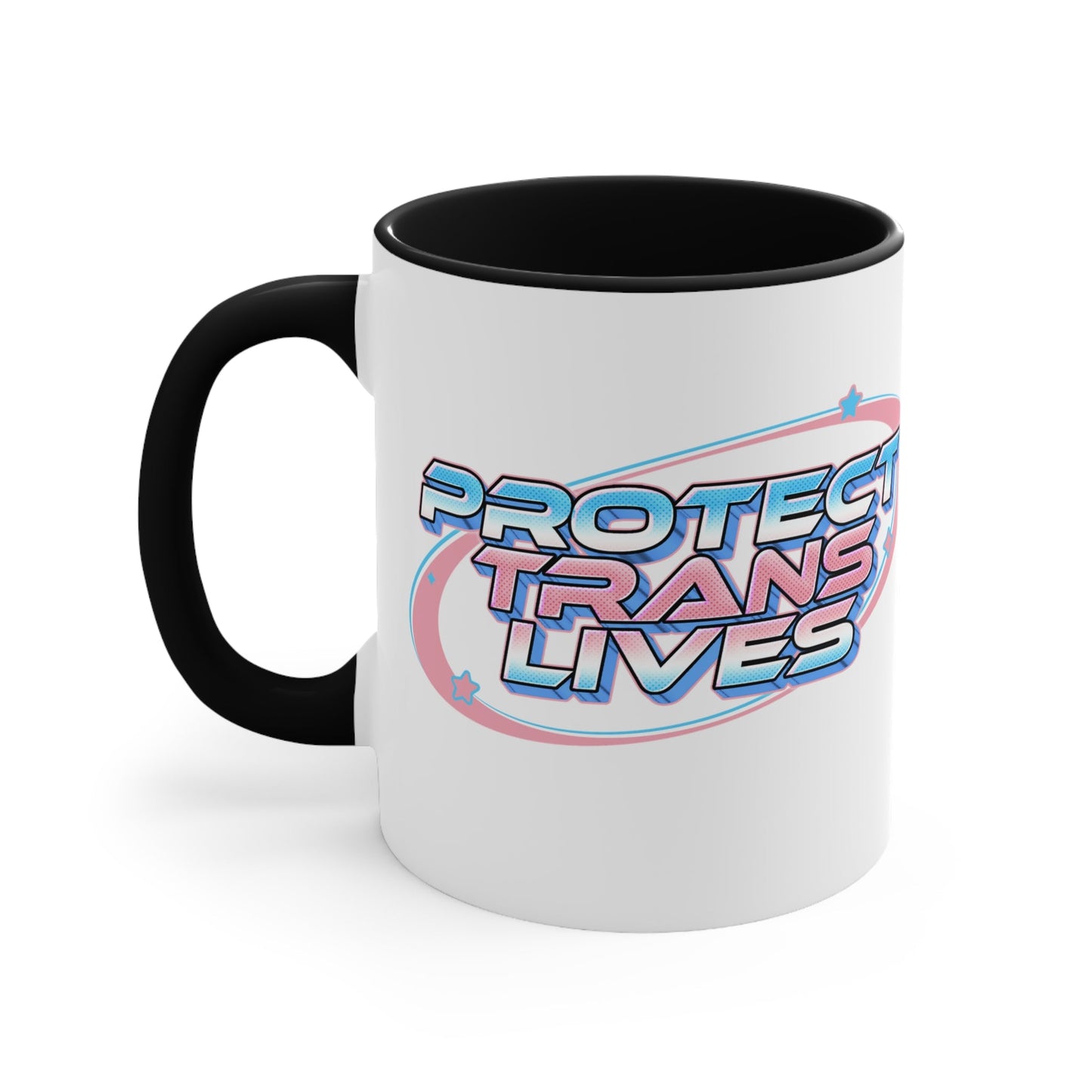 Protect Trans Lives original logo cup featuring transgender pride flag colours with a colourful interior and handle accents
