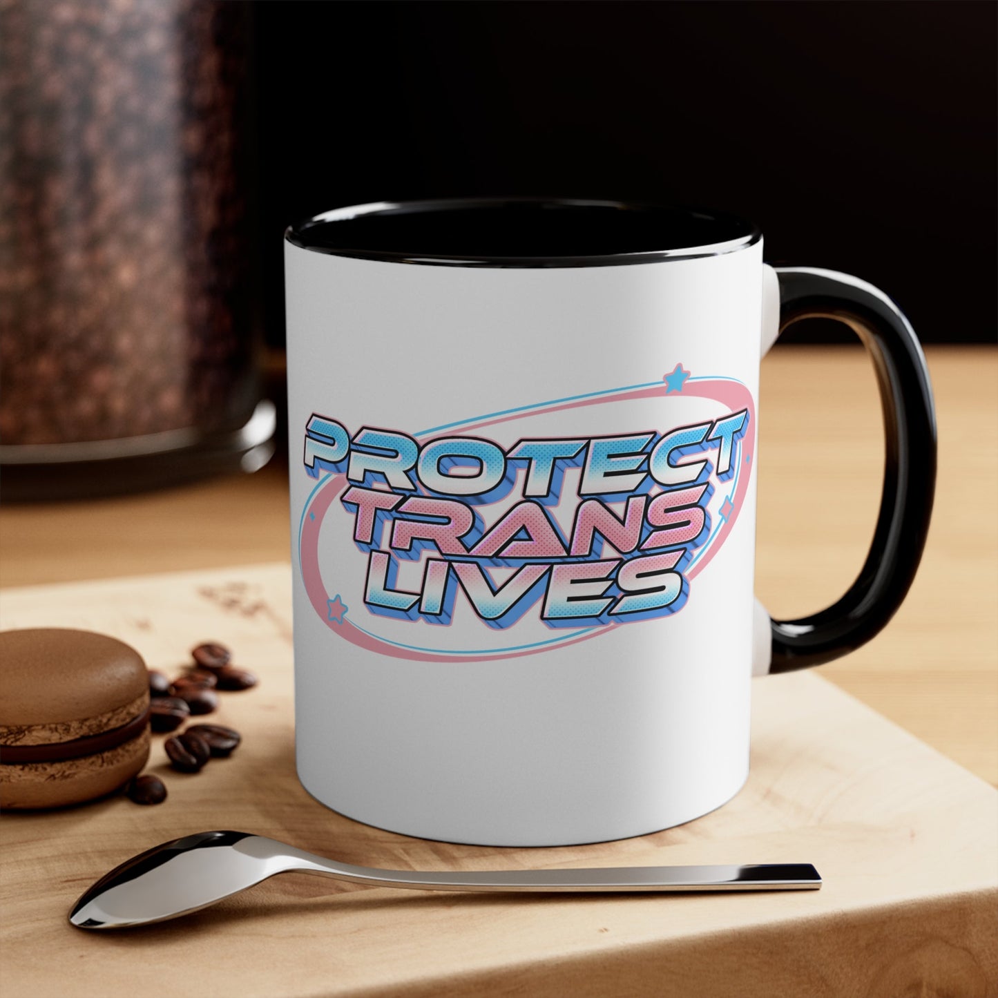 Protect Trans Lives cup - colourful accent mug