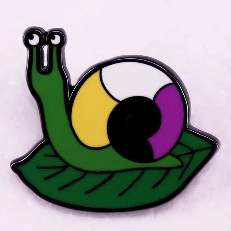 Non-binary flag snail on a leaf badge