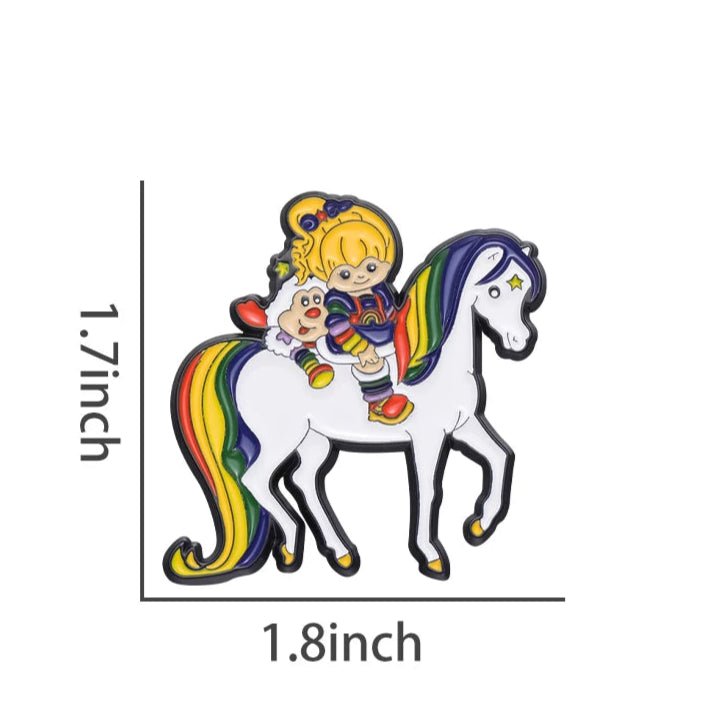 Colorful enamel pin of a character riding a unicorn with measurements and weight information.