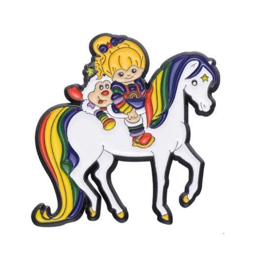 Colorful illustration of a child riding a unicorn with rainbow patterns on a white background