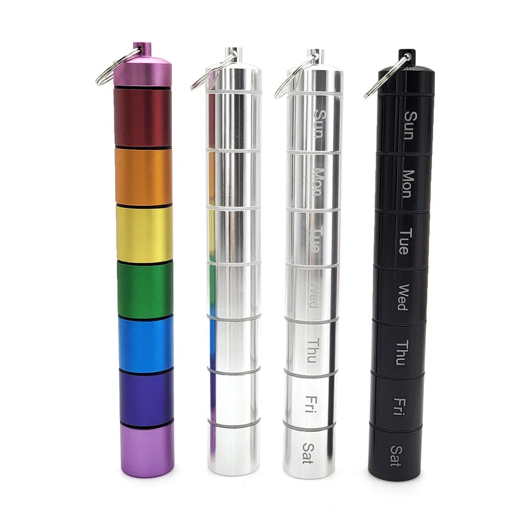 Rainbow medication organiser - 7 metal cylinders