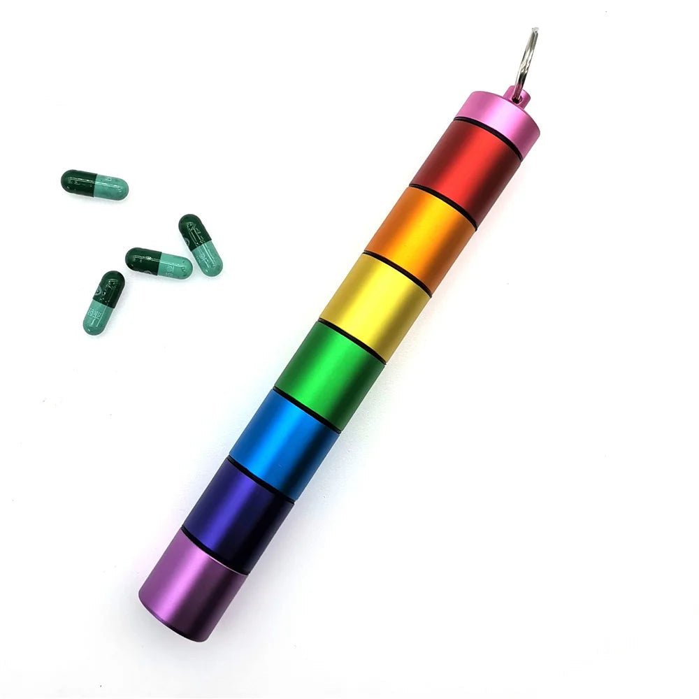 Rainbow Pride Metal Weekly Pill organiser. 7 Day pill Keychain Waterproof Medicine Organiser. Screw together metal cylinder pill holder