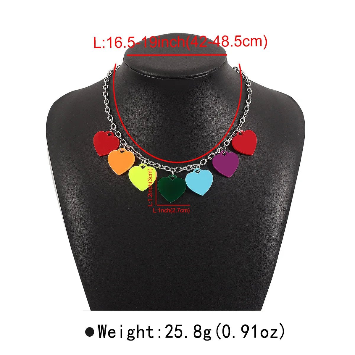 The Rainbow Pride Acrylic Necklace features six colorful hearts on a silver chain (16.5-19 in/42-48.5 cm), each pendant 1.1 in, weight 25.8 g (0.91 oz). Available in 3 designs—perfect for pride or as a rainbow statement piece.