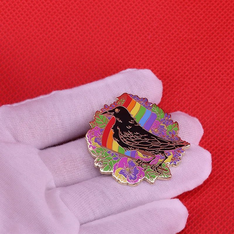 LGBTQ Rainbow pride flag crow raven floral badge
