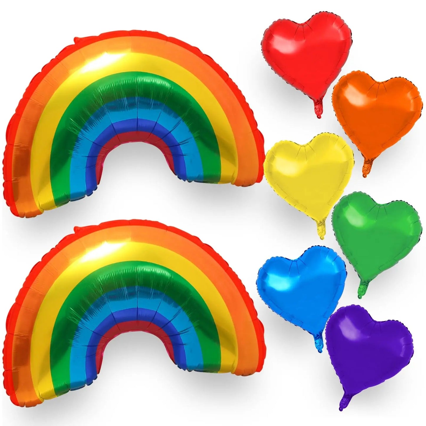 The Rainbow Pride Balloon Kit includes 6 vibrant heart-shaped balloons in red, orange, yellow, green, blue, and purple and two rainbow foil balloons