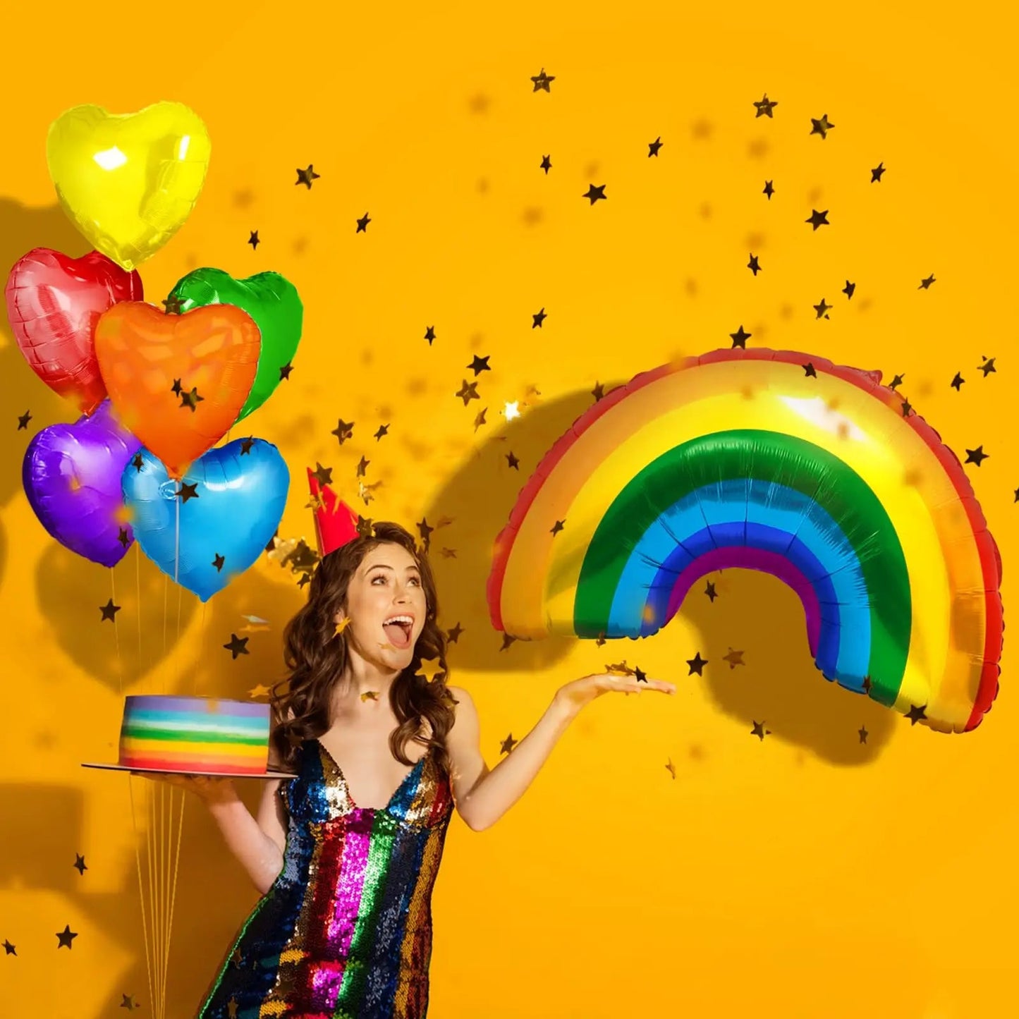 Rainbow Pride Balloon Kit - six colourful heart shaped balloons and 2 large foil rainbow balloons for coming out parties and pride
