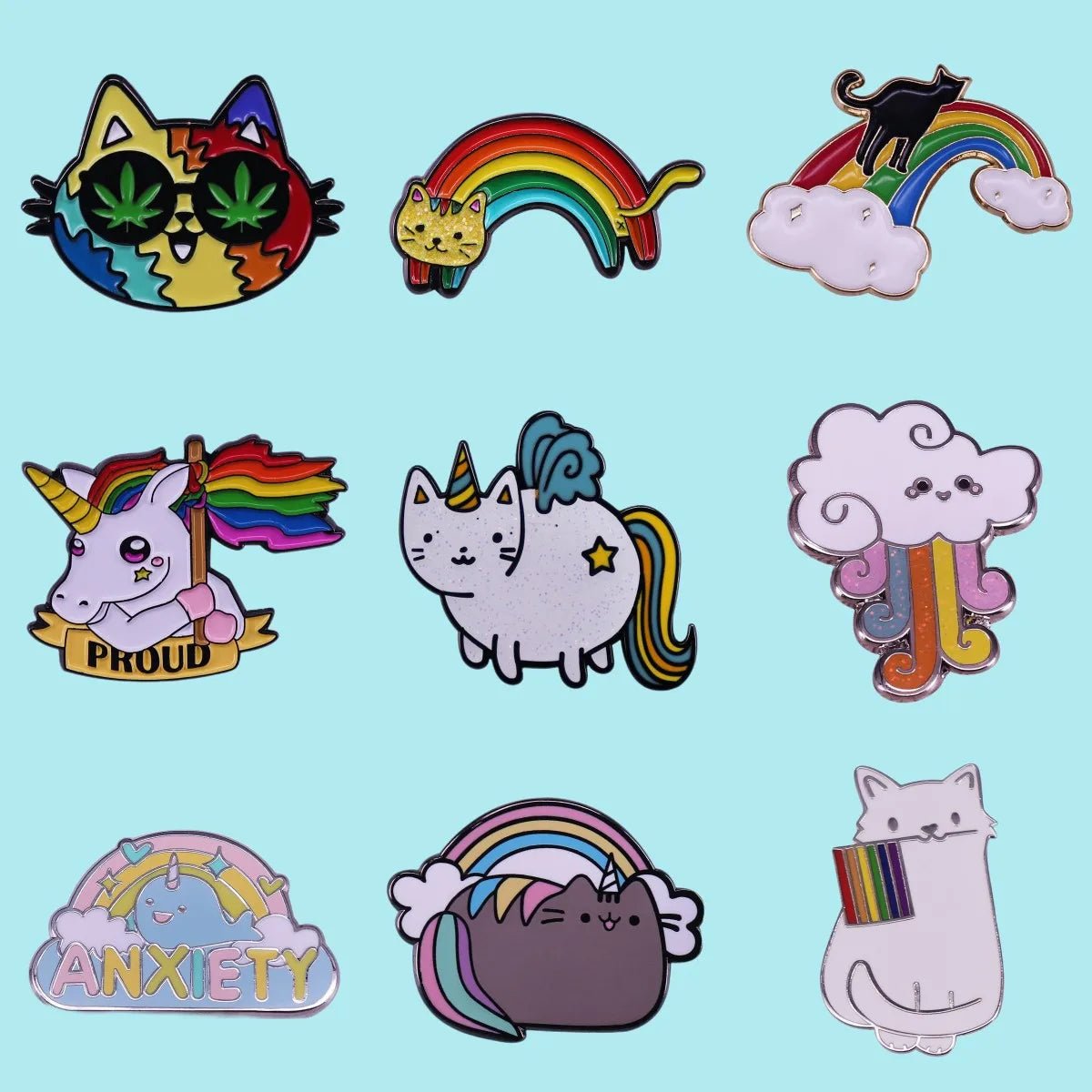 Rainbow pride cat, unicorn, clouds Enamel Pins
