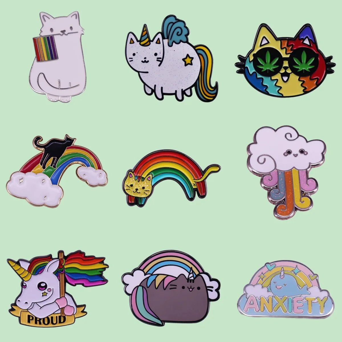 Rainbow pride cat, unicorn, clouds Enamel Pins