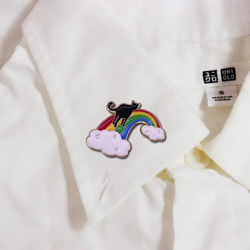 Black cat rainbow bridge clouds pride gay pin