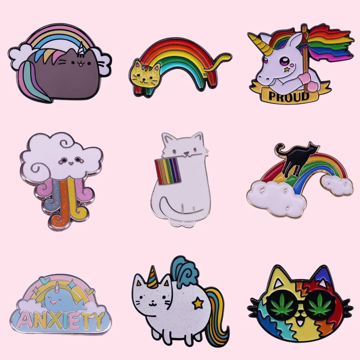 Rainbow pride cat, unicorn, clouds Enamel Pins
