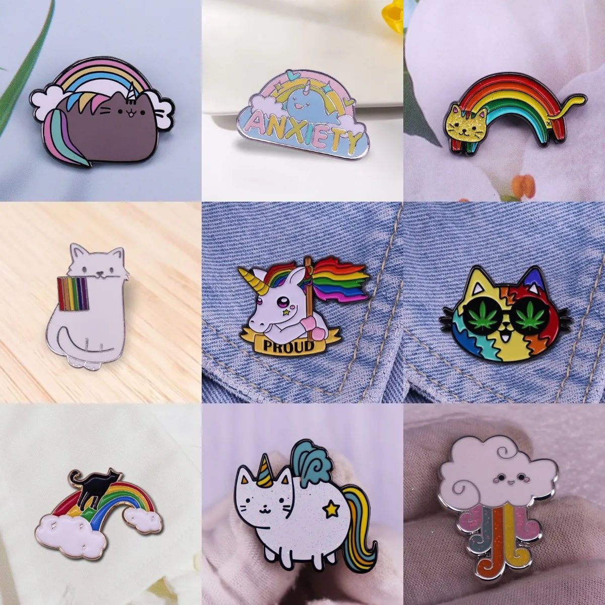 Rainbow pride cat, unicorn, clouds Enamel Pins