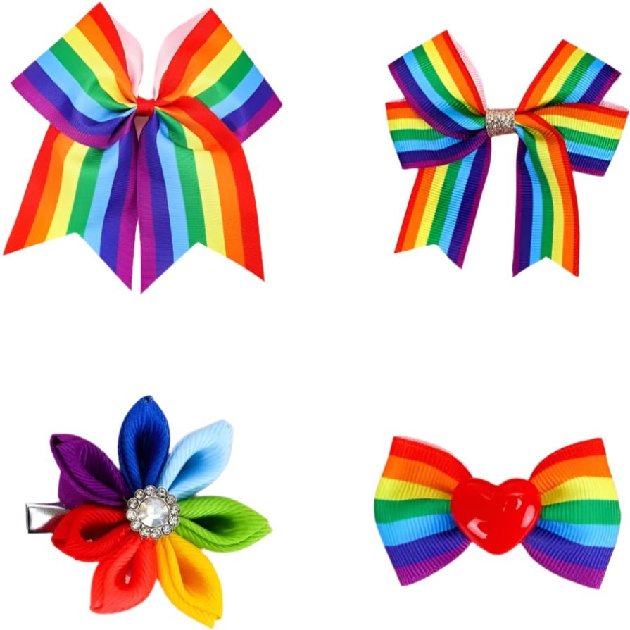 Rainbow pride flag hair bows. Large rainbow bow, rainbow flower pin, Rainbow heart hair accessories. Pride hair clips