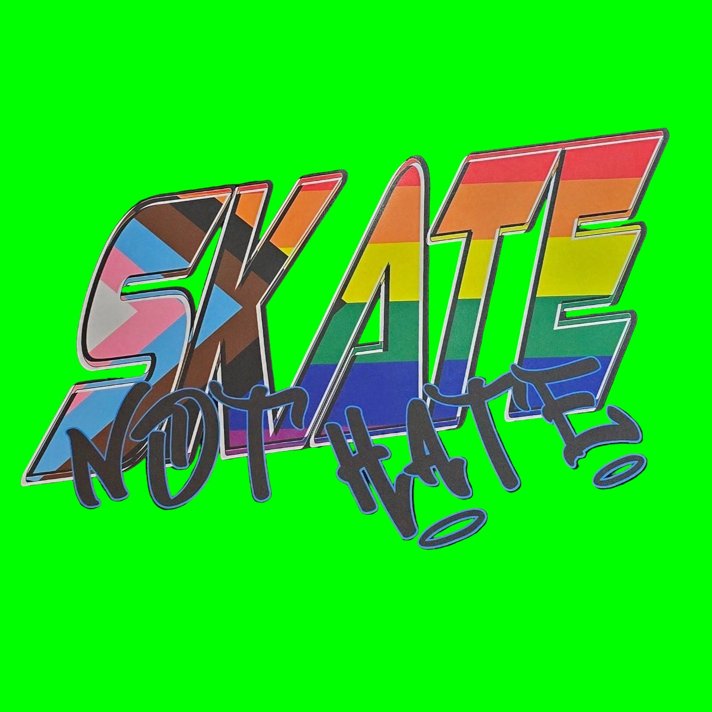 Black t-shirt with 'SKATE NOT HATE' text in rainbow colors
