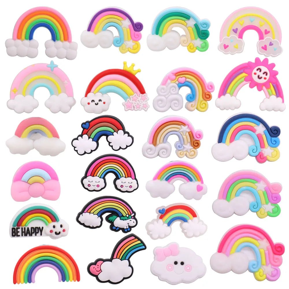 Celebrate LGBTIQAP+ Pride with a pack of Rainbow crocs jibbitz (10 - 23 jibbitx). Featuring colorful rainbow designs plus clouds, stars, suns, smiling rainbows, and pride messages. These charms are perfect cute embellishments for your gay lesbian bisexual pansexual transgender queer ally fashion statement.