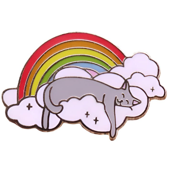 Rainbow cat pride badge. Sleep cat rainbow cloud pin. Gay, lesbian, sapphic pride accessory