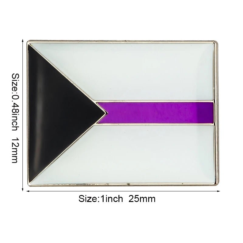 The Rare Pride Flags Enamel Lapel Pin is rectangular, measuring 1"x0.48" (25mmx12mm), featuring a black triangle on the left and a purple stripe centered on a white background to symbolize LGBTQ+ inclusivity.