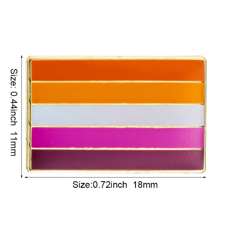 The Rare Pride Flags - Enamel Lapel Pin features horizontal stripes in orange, light orange, white, pink, and burgundy with gold outlines, symbolizing Inclusive Pride. Its dimensions are 0.72" x 0.44".
