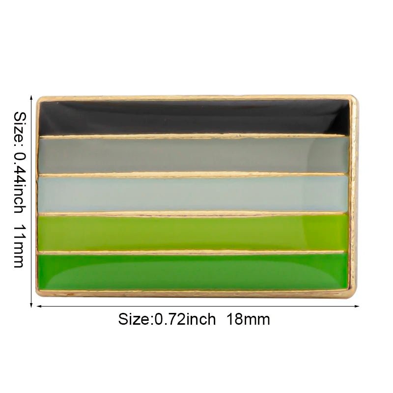 The Rare Pride Flags Enamel Lapel Pin showcases five equal horizontal stripes in black, gray, white, light green, and dark green. Outlined in gold and measuring 0.72 inches wide by 0.44 inches high, it’s a perfect addition to any collection celebrating the LGBTQ+ community.