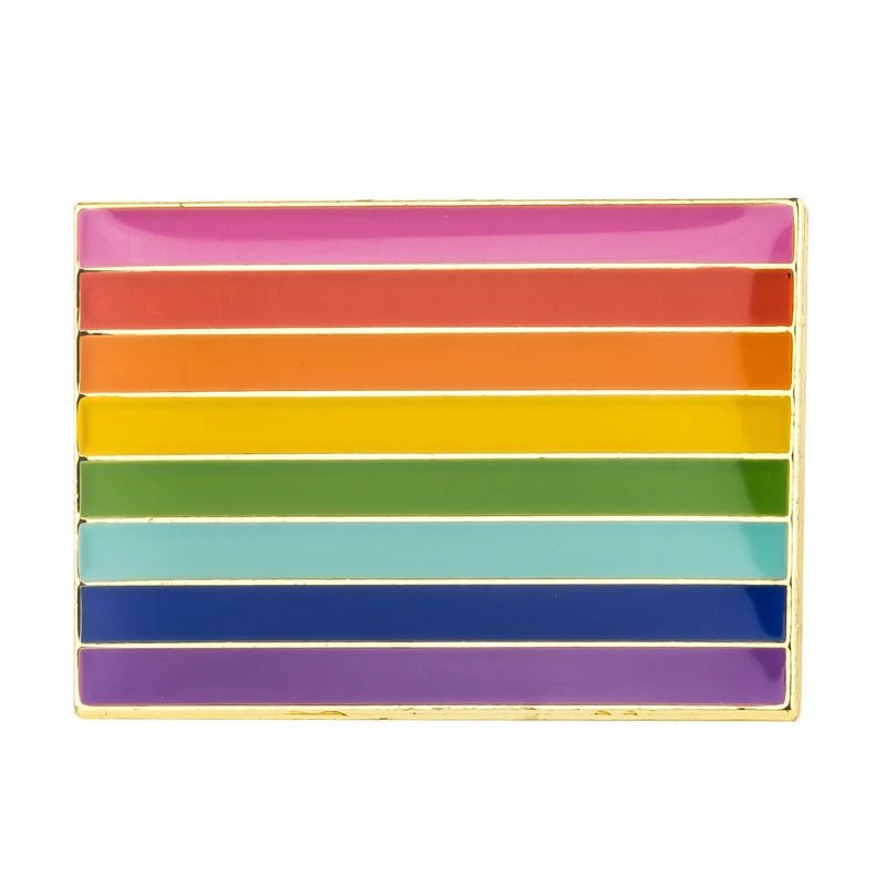The Rare Pride Flags - Enamel Lapel Pin is a rectangular enamel pin with horizontal rainbow stripes from pink to purple and a shiny gold border, symbolizing LGBTQ+ pride and inclusivity.