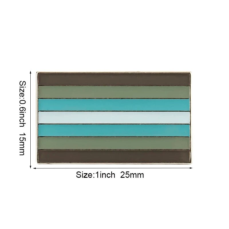 The Rare Pride Flags - Enamel Lapel Pin is a rectangular pin with horizontal stripes in brown, green, and blue shades. Measuring 1 inch (25 mm) wide and 0.6 inch (15 mm) tall, it's perfect for showcasing your support for the LGBTQ+ community and symbolizes inclusivity.