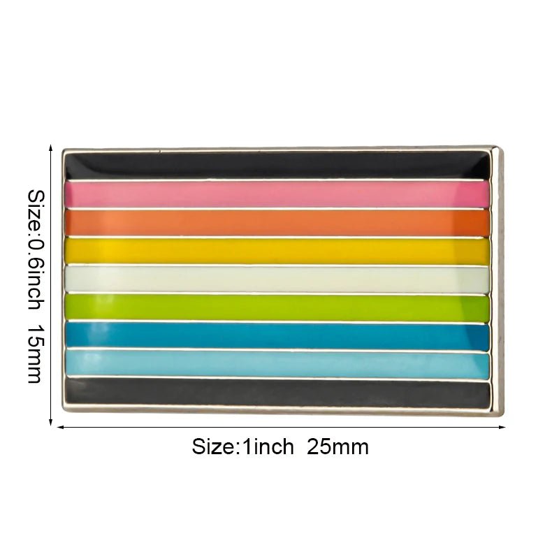 The Rare Pride Flags - Enamel Lapel Pin is a rectangular, silver-outlined enamel pin featuring six pastel stripes in pink, orange, yellow, green, blue, and black. Sized at 0.6" x 1" (15mm x 25mm), it stylishly celebrates LGBTQ+ diversity with elegance.