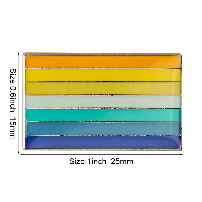 The Rare Pride Flags - Enamel Lapel Pin features a rectangular design with horizontal gradient stripes from yellow to dark blue. Measuring 0.6 inches tall and 1 inch wide, it celebrates inclusive pride as a vibrant LGBTQ+ unity symbol.