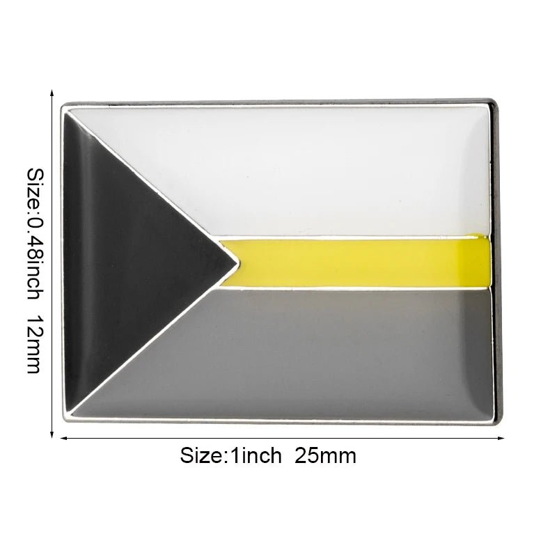 The Rare Pride Flags Enamel Lapel Pin is a rectangular pin with a left black triangle, yellow center stripe, and gray and white sections. It measures 1" x 0.48" (25mm x 12mm) and embodies the spirit of Inclusive Pride for the LGBTQ+ community.