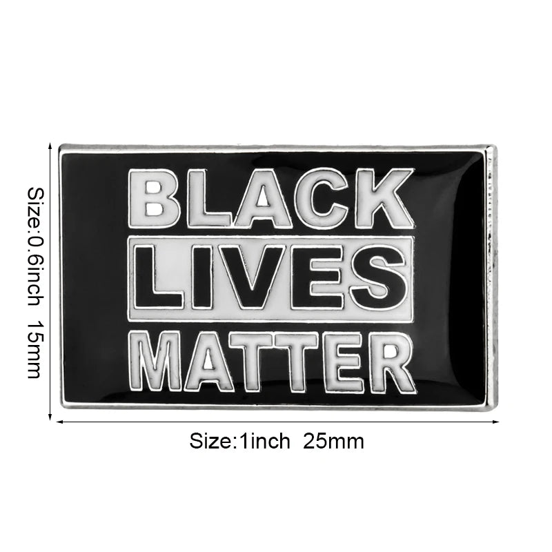A rectangular badge features "BLACK LIVES MATTER" in bold white on black, promoting unity and inclusivity. Ideal to pair with Rare Pride Flags - Enamel Lapel Pin to support Black Lives Matter and LGBTQ+ communities. Dimensions: 1 inch by 0.6 inch (25mm by 15mm).