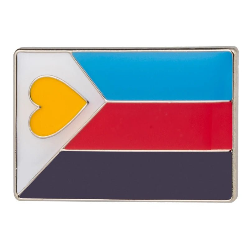 The Rare Pride Flags Enamel Lapel Pin is a rectangular pin featuring horizontal stripes in blue, red, and black. A white chevron with a yellow heart on the left symbolizes Inclusive Pride.