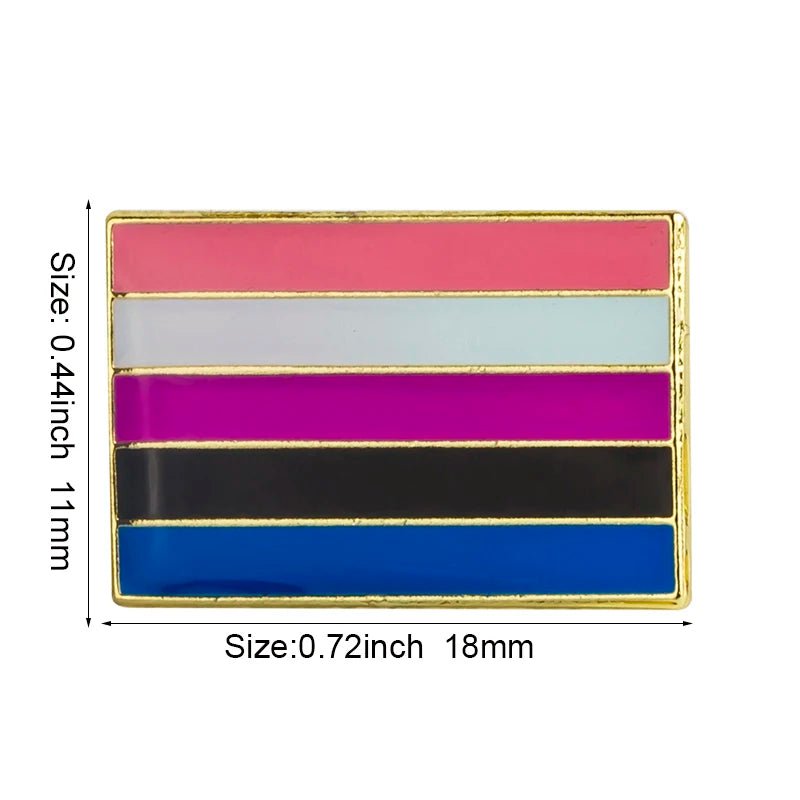 The Rare Pride Flags - Enamel Lapel Pin is a rectangular pin with pink, light gray, white, black, and blue horizontal stripes outlined in gold. It measures 0.44" x 0.72" (11mm x 18mm), celebrating inclusive pride within the LGBTQ+ community.