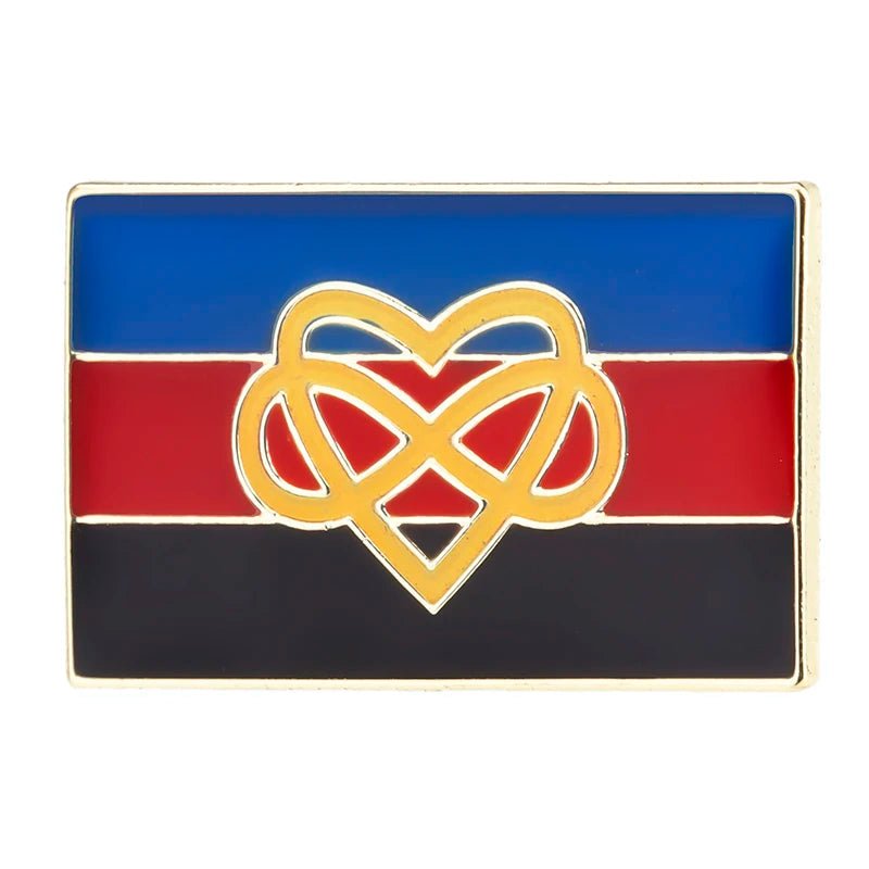 Featuring blue, red, and black stripes with a gold heart intertwined with an infinity symbol, the rectangular "Rare Pride Flags - Enamel Lapel Pin" from our Inclusive Pride collection celebrates LGBTQ+ diversity. It boasts an eye-catching gold border and showcases the polyamory pride flag.