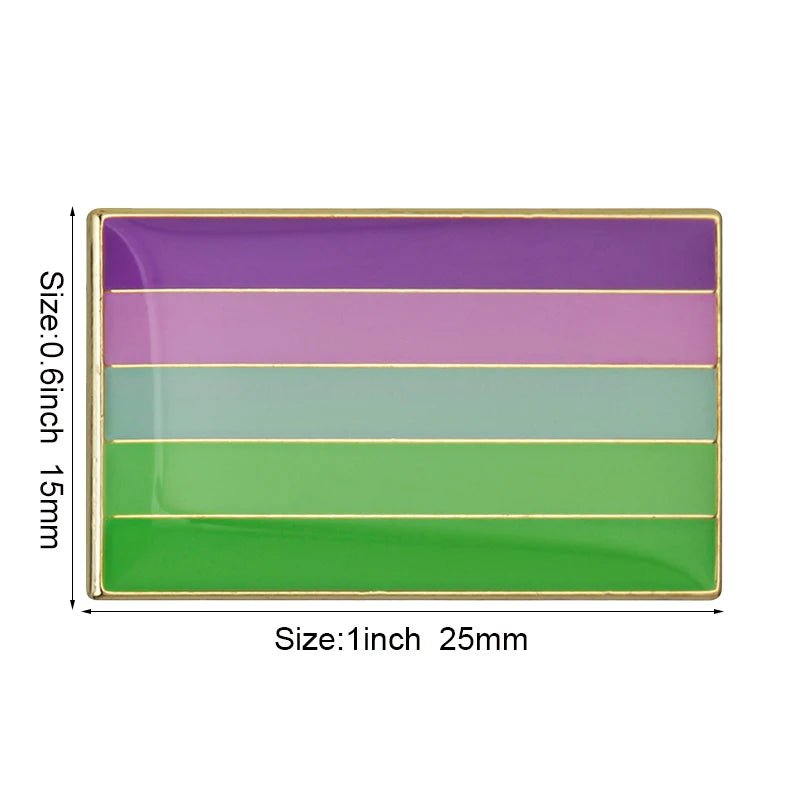 The Rare Pride Flags - Enamel Lapel Pin is a rectangular accessory featuring gradient stripes from purple to green, bordered by gold. Measuring 1" x 0.6", this pin celebrates LGBTQ+ unity with style and precision.