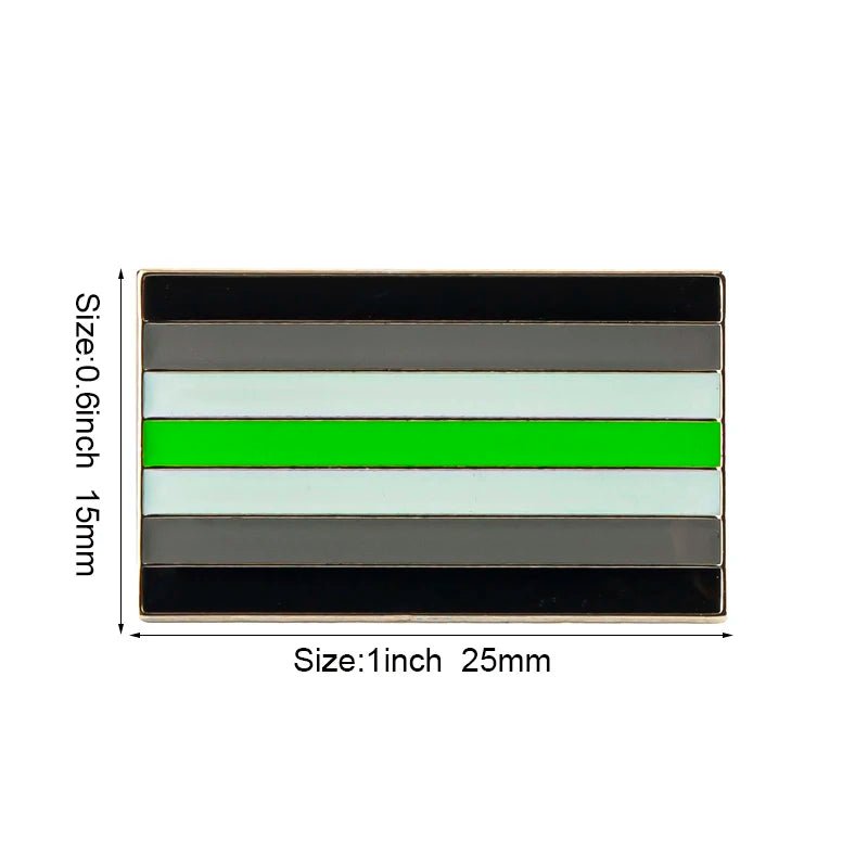 The Rare Pride Flags Enamel Lapel Pin is a rectangular LGBTQ+ pride accessory with horizontal stripes in black, gray, white, green, and back to gray and black. Measuring 0.6" high by 1" wide, it subtly embodies unity and diversity.