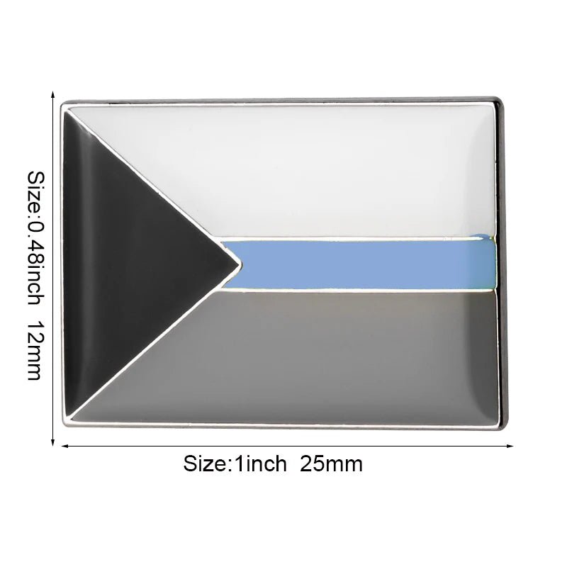 The Rare Pride Flags Enamel Lapel Pin, measuring 1 inch by 0.48 inch, features a black triangle on the left and a horizontal blue stripe on the right over a gray background, symbolizing Inclusive Pride within the LGBTQ+ community.
