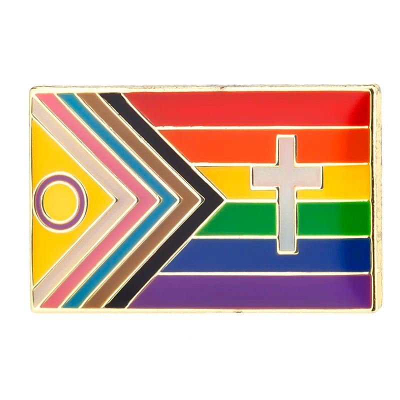 The Rare Pride Flags - Enamel Lapel Pin features a vibrant rainbow flag with a white cross and an intersex-inclusive Progress Pride design, including chevron stripes in pink, blue, black, brown, and yellow with a purple circle to symbolize LGBTQ+ unity.