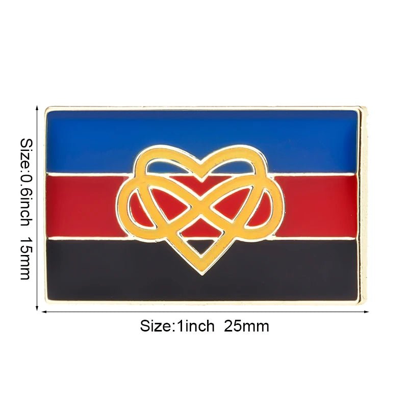 The Rare Pride Flags Enamel Lapel Pin is a 1"x0.6" rectangular pin featuring intricate gold heart designs on a vibrant blue, red, and black striped background, celebrating Inclusive Pride and the LGBTQ+ community.